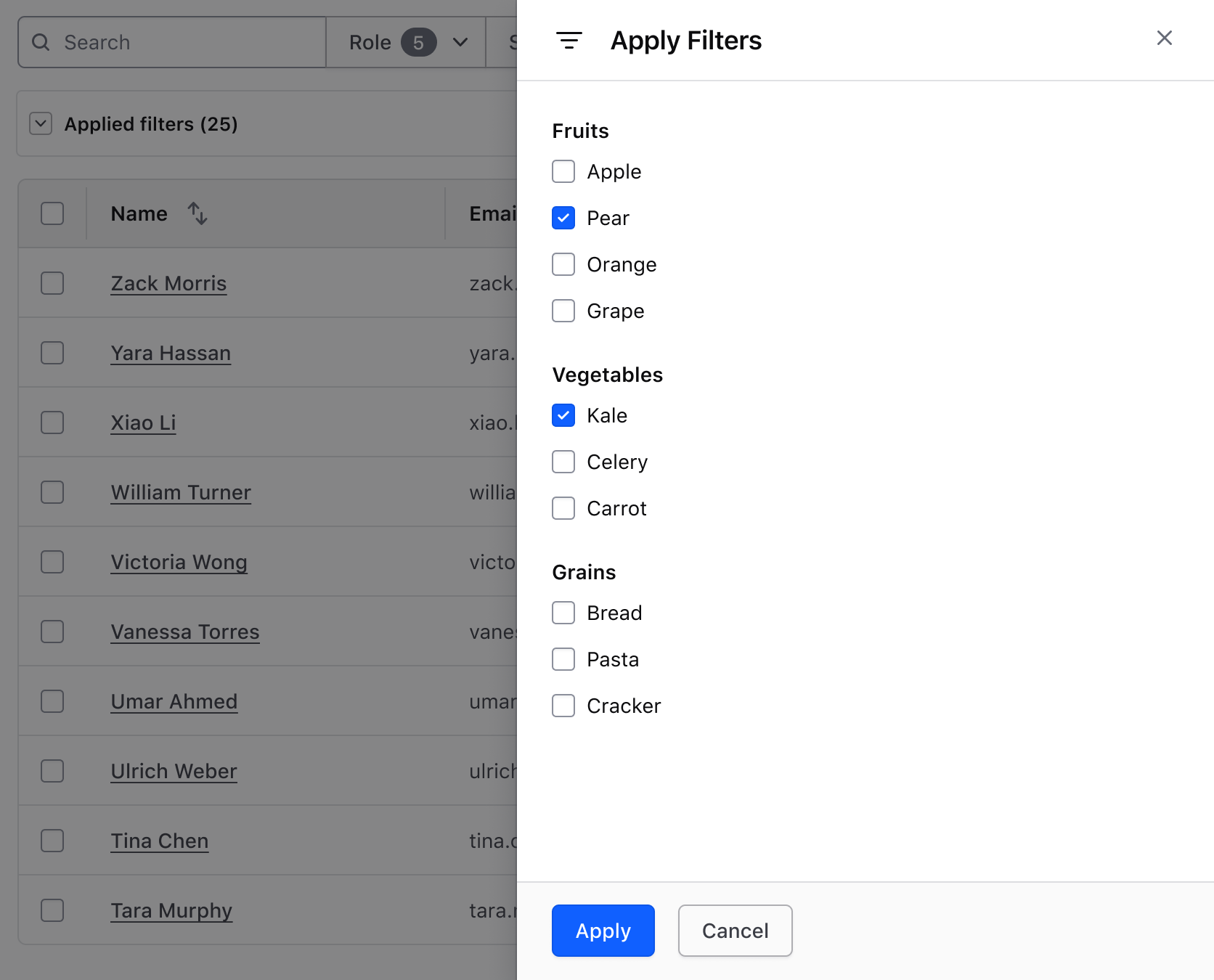 Display the overflow of filter parameters within a Flyout